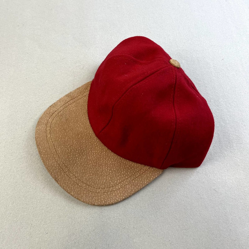 Vintage Red Hat Cap Scrunchback Tan Leather Blank Stretch Wool Dad Hip Hop 90s